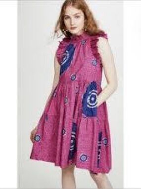 Ulla Johnson Pink & Blue Batik Print Ruffle Tiered Mini Dress